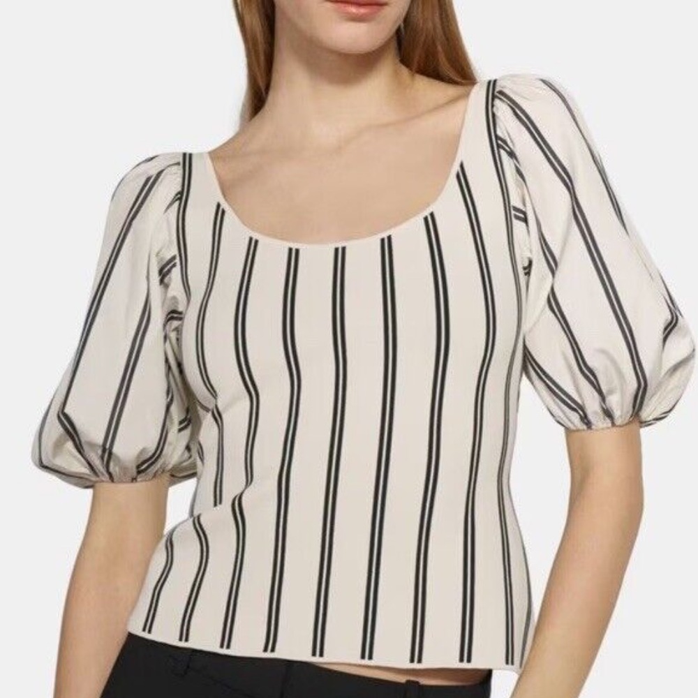 Theory white black striped puff sleeve knit poplin top sz medium m